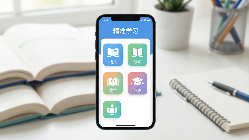 一张展示精准学习软件主界面的图片,画面中央是打开的手机屏幕,屏幕内显示着色彩清新的学习仪表盘,有语文、数学、英语等学科图标,界面顶部有“精准学习”字样,背景是柔和的书桌场景,有书本和文具,整体风格现代、简洁、明亮,画质清晰,干净,无多余元素