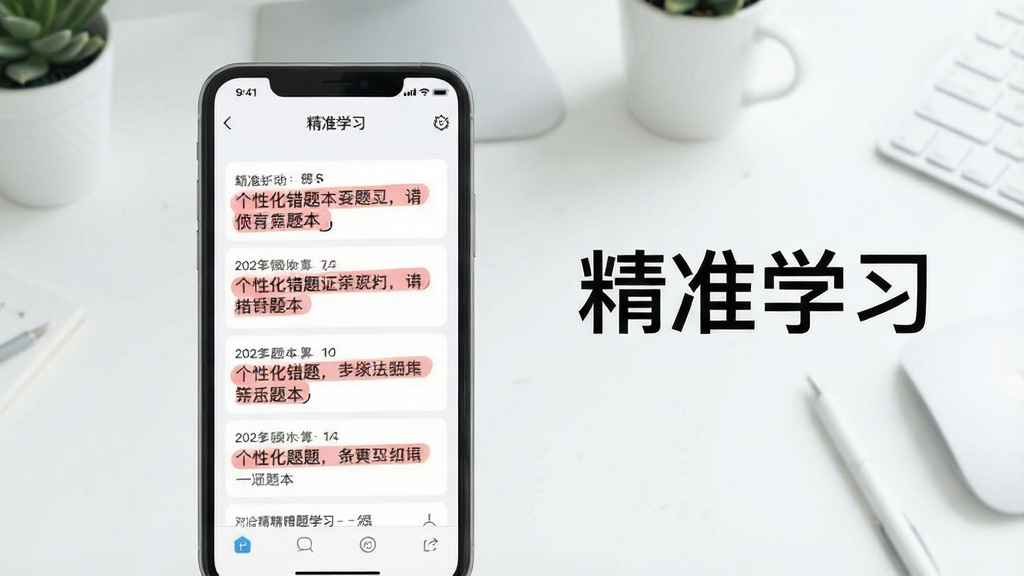 一张展示精准学习个性化错题本界面的图片,手机屏幕中显示错题列表与红色标记,旁边有“精准学习”文字,背景是整洁的桌面,风格简约清新,画质清晰,干净,无多余元素