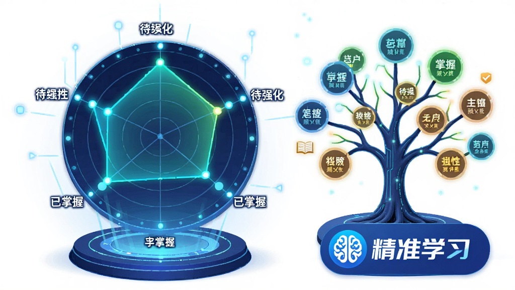 一幅展示精准学习智能诊断功能的插画,画面主体是一个发光的雷达图与知识树,节点上标注着“已掌握”和“待强化”,旁边有“精准学习”的logo,布局居中,风格科技感与教育感结合,细节丰富,画质清晰,干净,无多余元素