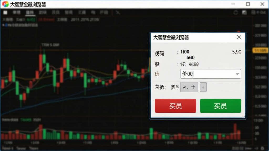 一张展示大智慧金融浏览器交易下单面板的界面截图风格图片,画面主体为悬浮在K线图右侧的买入卖出委托窗口,窗口内有股票代码、价格输入框与红绿买卖按钮,背景是模糊处理的行情走势图,风格写实,画质清晰,文字内容为“大智慧金融浏览器”,干净无多余元素