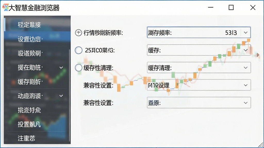 一张展示大智慧金融浏览器设置界面的示意图,画面中是一个软件选项窗口,左侧为菜单栏,右侧显示行情刷新频率、缓存清理、兼容性设置等选项,窗口风格简洁,背景为浅色,画质清晰,文字内容为“大智慧金融浏览器”,干净无多余元素