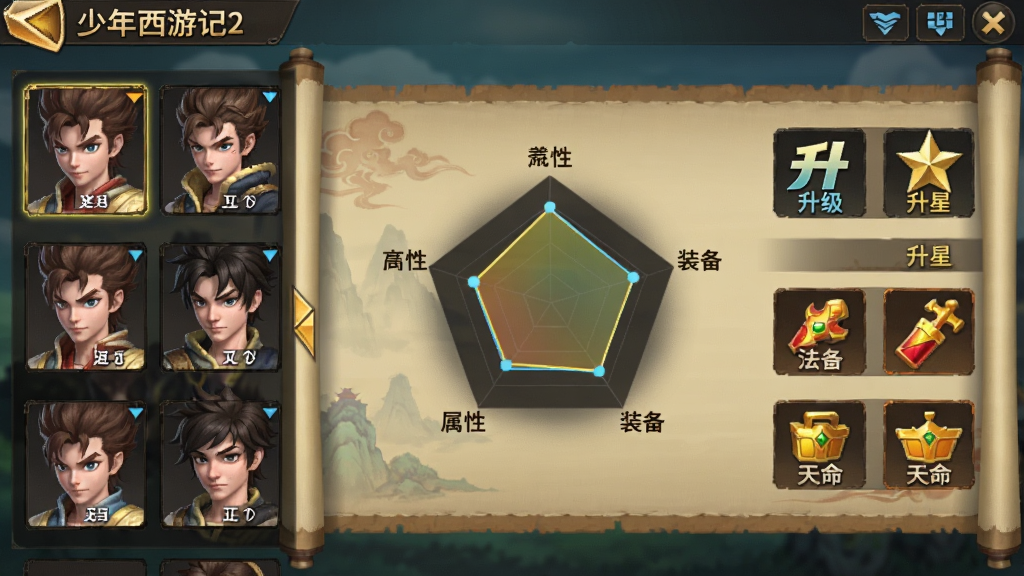 少年西游记2角色养成界面截图,画面左侧为角色头像列表,右侧展示升级、升星、装备、法宝、天命五个养成入口,中央为角色三维属性雷达图,背景为古风卷轴样式,整体风格为手游养成系统界面,画质清晰,信息层级分明,干净无多余元素