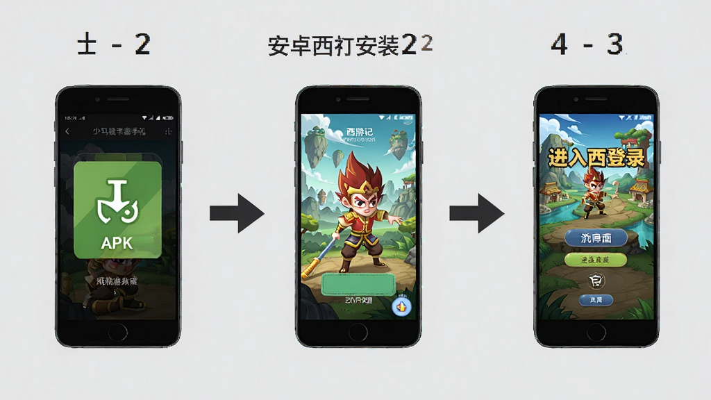 少年西游记2安卓手机安装步骤示意图,画面展示手机屏幕从下载APK到点击安装再到进入游戏登录界面的三步流程,每步配有手机界面截图与箭头指引,背景为简洁浅灰色,整体风格为教程示意图,画质清晰,步骤明确,干净无多余元素