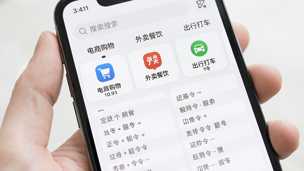 展示口令知道软件分类检索界面的手机截图,画面中手机屏幕显示多个分类标签,如“电商购物”“外卖餐饮”“出行打车”等,每个标签配有对应图标,下方展示该分类下的口令列表,布局整齐,风格简约,细节包括搜索框和分类导航栏,画质高清,干净无多余元素