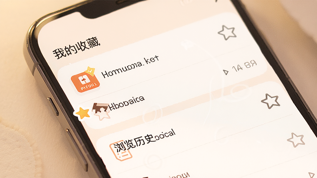 一张展示口令知道软件收藏与历史记录功能的界面图,画面为手机屏幕,屏幕上分为“我的收藏”和“浏览历史”两个区域,分别列出口令条目,每条有平台图标和简短描述,风格温暖柔和,细节包括星标收藏图标和时间戳,画质高清,干净无多余元素