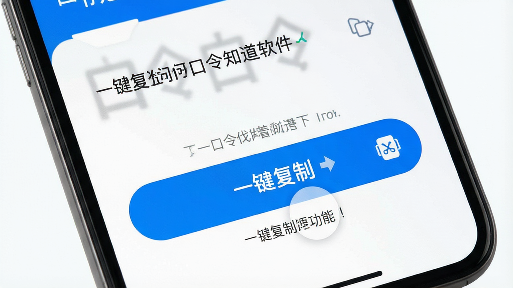 一张展示口令知道软件一键复制功能的界面图,画面为手机屏幕特写,屏幕上显示一条口令详情,下方有醒目的“一键复制”按钮,按钮呈蓝色高亮,周围有简洁的提示文字,风格清爽明快,细节包括复制的动画效果和剪贴板图标,画质高清,干净无多余元素