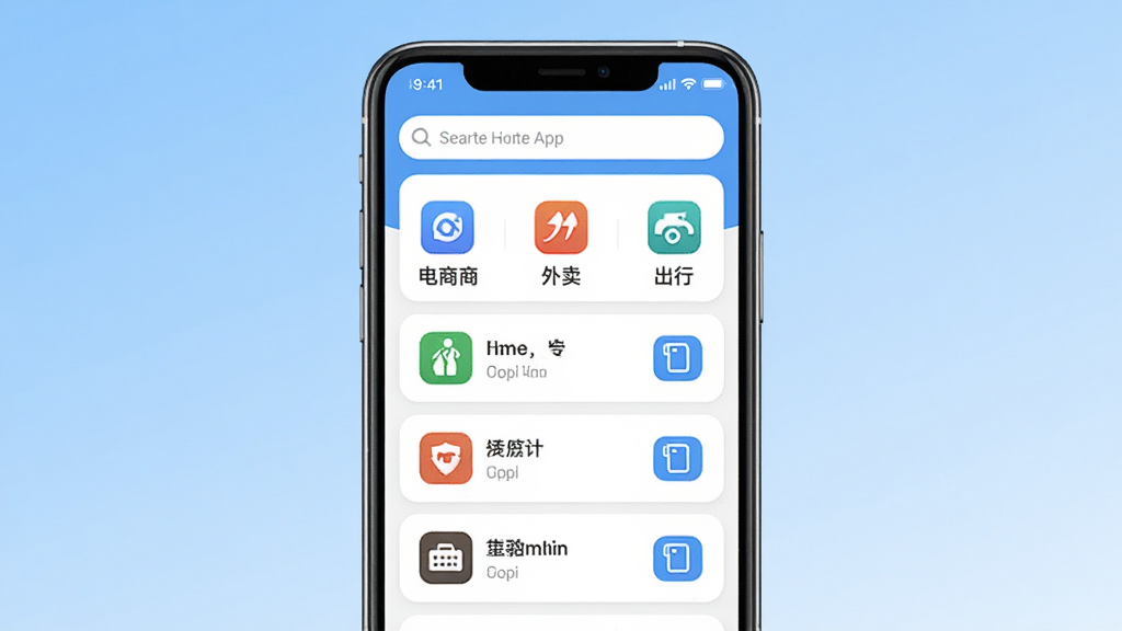 一张展示口令知道软件界面的手机应用截图,画面中央是一部现代智能手机,屏幕上显示口令知道APP的主页,顶部有搜索框,下方分类展示电商、外卖、出行等口令列表,背景为浅蓝色渐变,风格简洁清新,细节包括图标、文字标签和复制按钮,画质高清,干净无多余元素