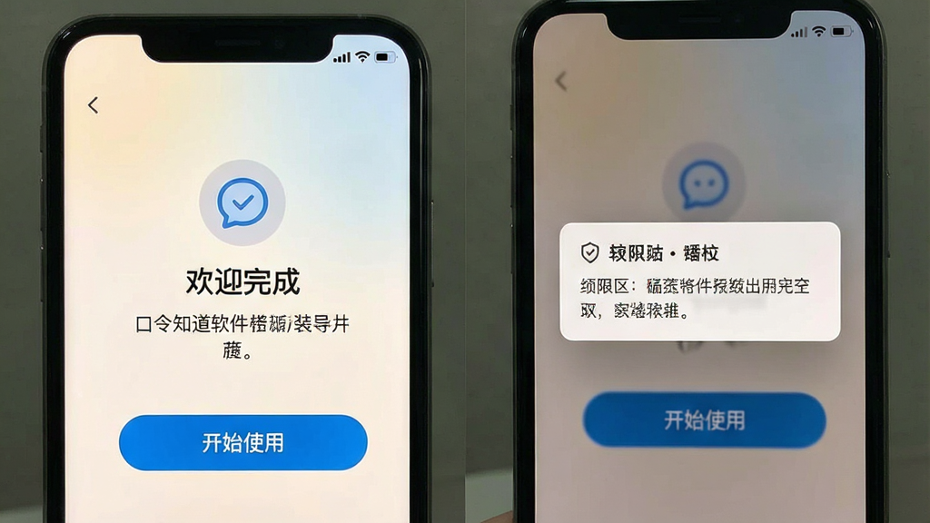 一张展示口令知道软件在新手引导界面的手机截图,画面中手机屏幕显示安装完成后的欢迎页面,有简洁的图标和文字说明,背景为浅色渐变,风格友好亲切,细节包括“开始使用”按钮和权限提示弹窗,画质高清,干净无多余元素