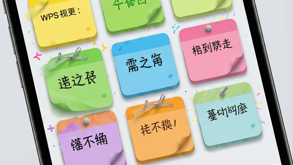 WPS便签多色便签分类展示,画面中手机屏幕显示九宫格排列的彩色便签卡片,颜色包括黄色、绿色、蓝色、粉色等,每张卡片上有简短的文字内容,背景为浅灰色,整体风格明快活泼,细节体现卡片的圆角与阴影层次,画质清晰,画面干净整洁