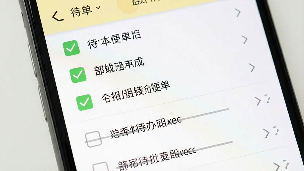 WPS便签待办清单功能展示,画面为手机屏幕特写,屏幕上显示一条条待办事项列表,部分事项前有勾选框并显示完成状态,已完成项带有删除线,界面配色以白色和浅黄色为主,风格清新简洁,细节体现清单的整齐排列,画质清晰,无多余装饰元素