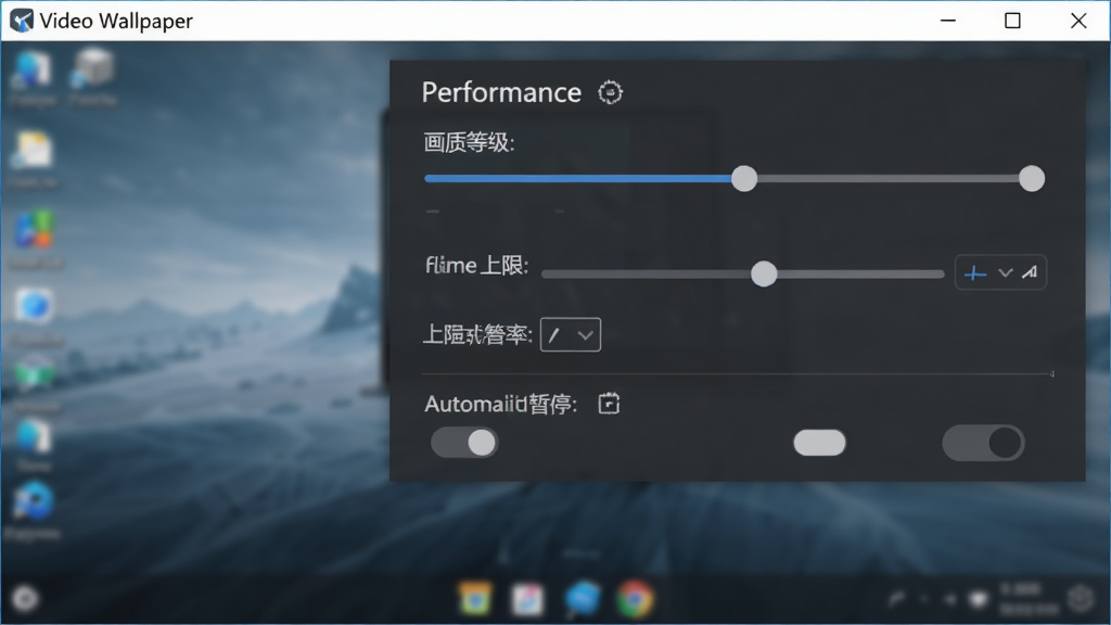 Video Wallpaper性能设置界面截图,画面展示软件的性能调节面板,包含画质等级滑块、帧率上限选项和自动暂停开关,背景是模糊处理的桌面壁纸,软件名称