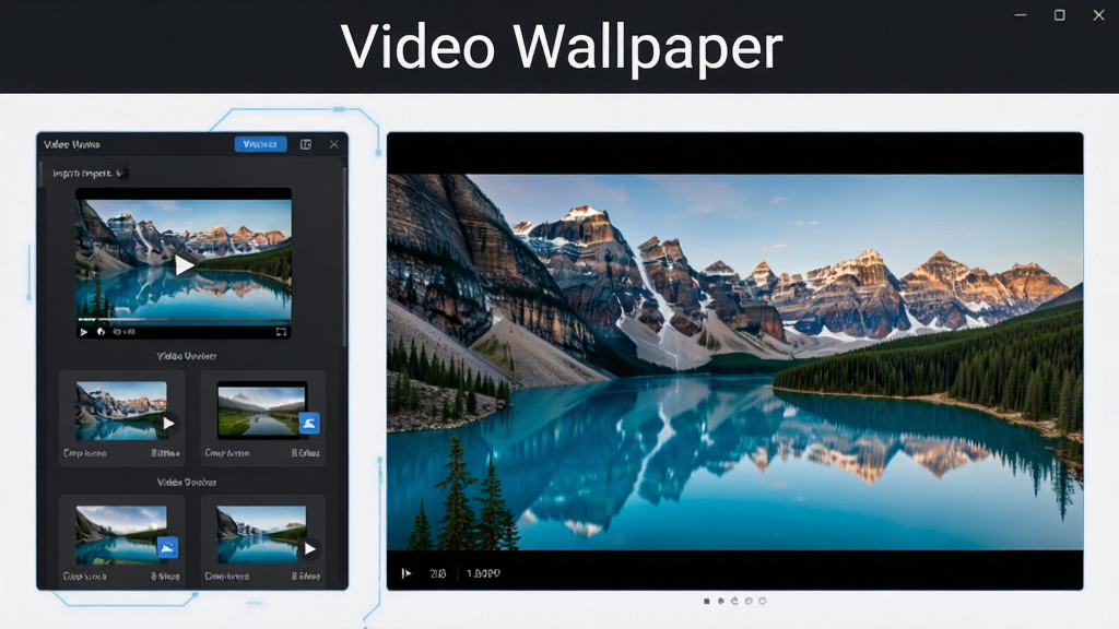 Video Wallpaper软件功能展示图,画面左侧是视频文件导入面板,右侧是桌面壁纸预览效果,展示一段风景视频正在作为壁纸播放,软件名称