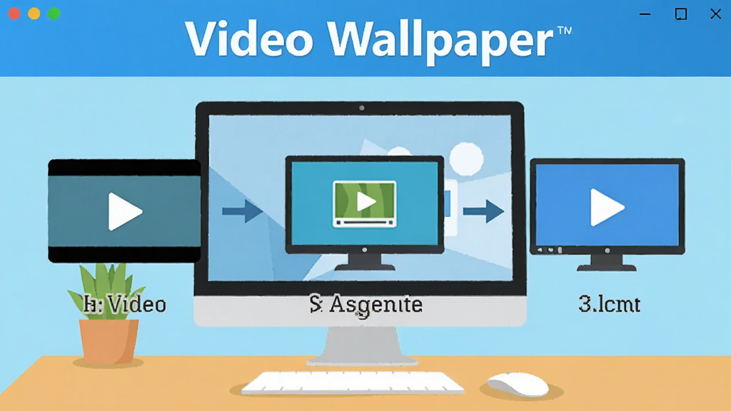 Video Wallpaper使用教程示意图,画面展示电脑桌面上的软件操作流程,从左到右依次是导入视频、选择显示器、点击应用三个步骤,每个步骤配有简洁的图标和文字说明,软件名称
