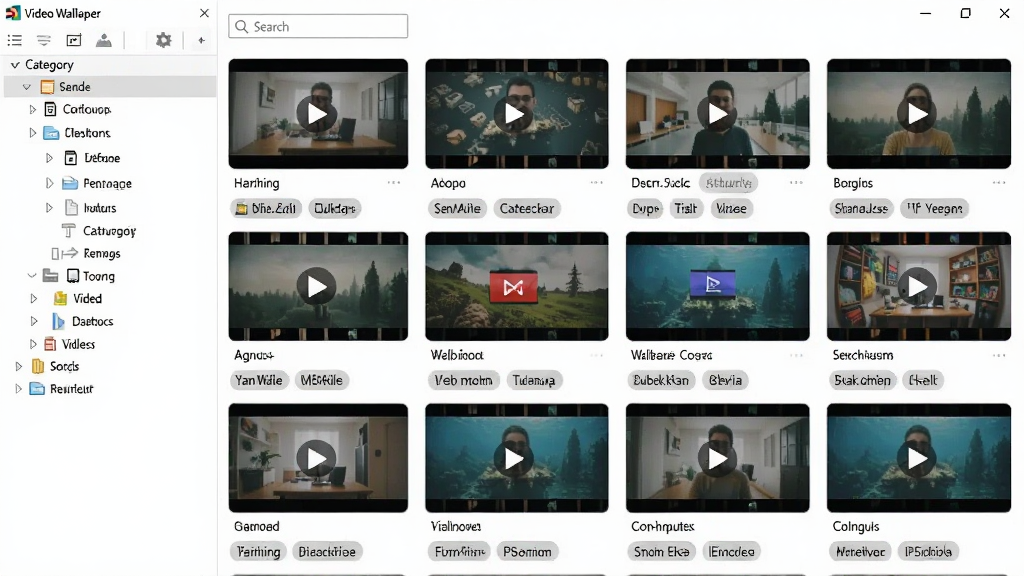 Video Wallpaper壁纸库管理界面,画面展示网格状排列的视频缩略图,每个缩略图下方有文件名和标签,界面左侧是分类目录树,顶部有搜索框,软件名称