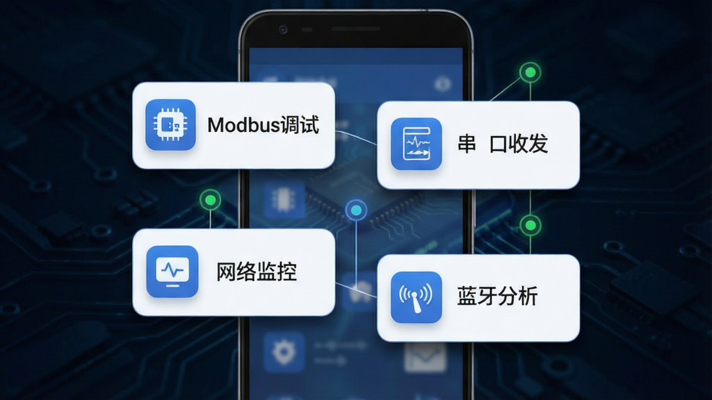 调试全能王软件功能展示图,画面主体为一部安卓手机,手机屏幕上呈现多个浮动的功能卡片,分别标注“Modbus调试”“串口收发”“网络监控”“蓝牙分析”字样,卡片采用圆角设计,配色为蓝白相间,背景为深色渐变科技纹理,风格为扁平化UI展示,细节包括卡片阴影、图标线条和连接状态的小圆点,画质清晰,构图居中,干净无杂物