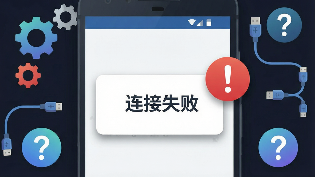 调试全能王问题排查示意图,画面为一部安卓手机屏幕特写,屏幕上显示错误提示弹窗,旁边有红色感叹号图标和“连接失败”字样,背景为深色,周围环绕着齿轮、数据线和问号图标,风格为扁平化信息图,细节包括弹窗阴影、图标渐变和文字清晰可辨,画质干净,构图简洁
