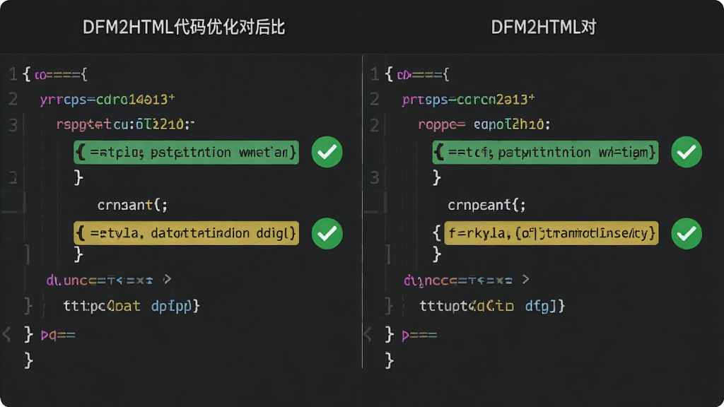 չʾDFM2HTML�����Ż�ǰ��Աȵ�ʾ��ͼ������Ϊ�����������Ƭ�ζԱȣ�����Ϊ���ж����Ű棬���Ϊ�������磬ϸ�ڰ���������ע���Ż������ɫ�Թ�ͼ�꣬���������ɾ��޶���Ԫ��