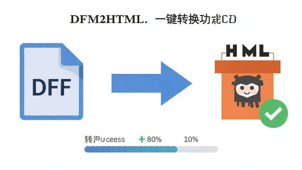 չʾDFM2HTMLһ��ת�����ܵ�ʾ��ͼ������Ϊ�ļ�ת����ͷ��DFMͼ��ָ��HTMLͼ�꣬����Ϊ���ĶԳƹ�ͼ���Ű������ˣ����Ϊ��ƽ���Ƽ��磬ϸ�ڰ���ת���������ͳɹ���ʾͼ�꣬���������ɾ��޶���Ԫ��