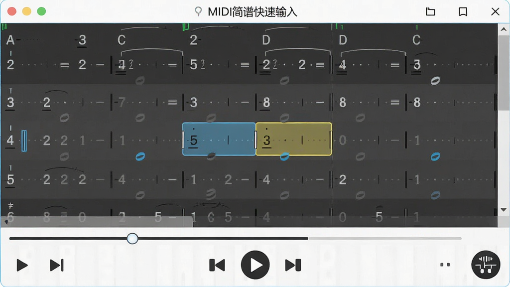 展示“MIDI简谱快速输入”软件播放状态的界面截图,简谱编辑区中某个音符被高亮标记,下方有播放控制条,界面风格简洁明快,细节包含播放指针、节拍器图标,画质清晰,无杂乱元素
