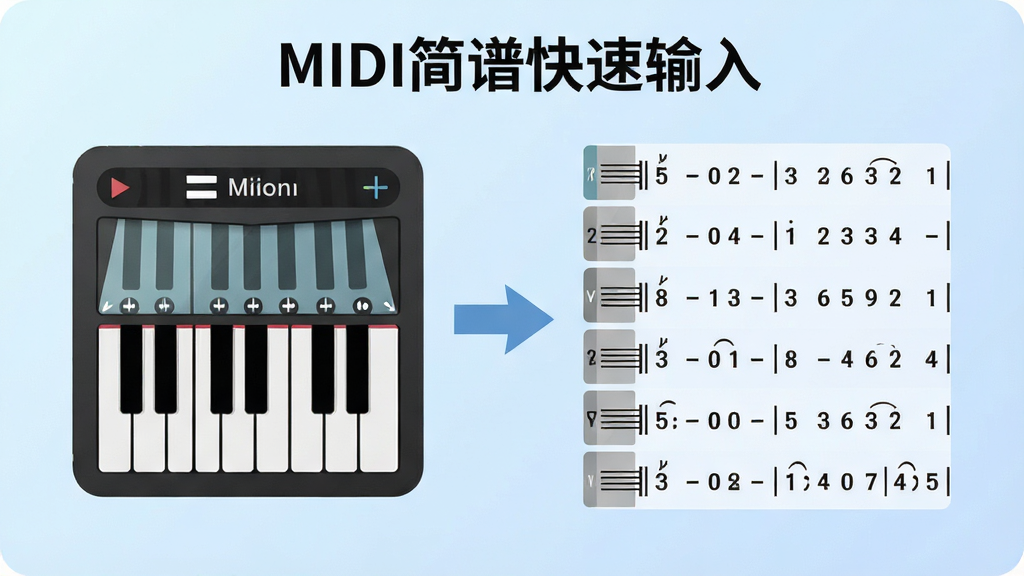 一幅展示“MIDI简谱快速输入”转换功能的示意图,左侧是带有钢琴卷帘窗的MIDI文件图标,右侧是转换后整齐排列的数字简谱,中间用箭头连接,背景为淡蓝色渐变,风格为扁平化信息图,细节包含音符、轨道标识,画质干净,排版清晰
