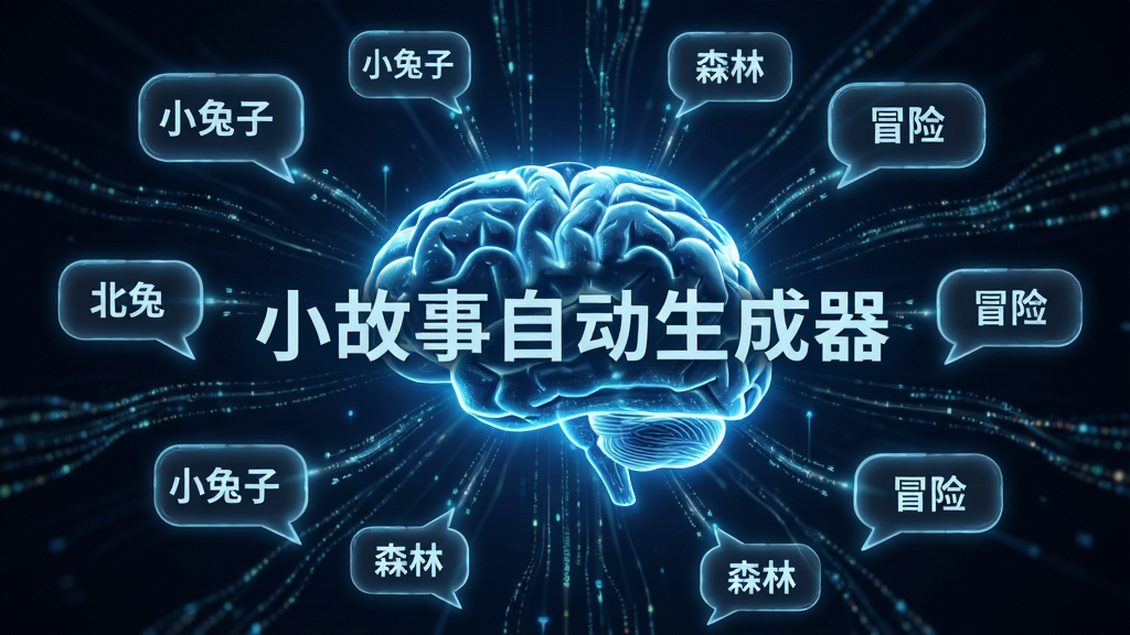 画面主体是一个发光的数字大脑,连接着许多文字气泡,气泡中隐约可见“小兔子”、“森林”、“冒险”等词语,布局为中心辐射状,排版充满科技感,风格为未来数字艺术,细节展现数据流动的光线,画质高清,干净无杂物,画面中央写着“小故事自动生成器”。