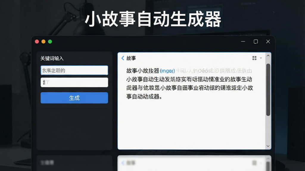 一张展示小故事自动生成器软件界面的预览图,主体为软件主窗口,布局左侧是关键词输入区,右侧是故事文本展示区,排版清晰,风格为现代简约科技风,细节包含输入框、生成按钮和文本滚动条,画质清晰干净,无多余元素,画面中带有文字“小故事自动生成器”。
