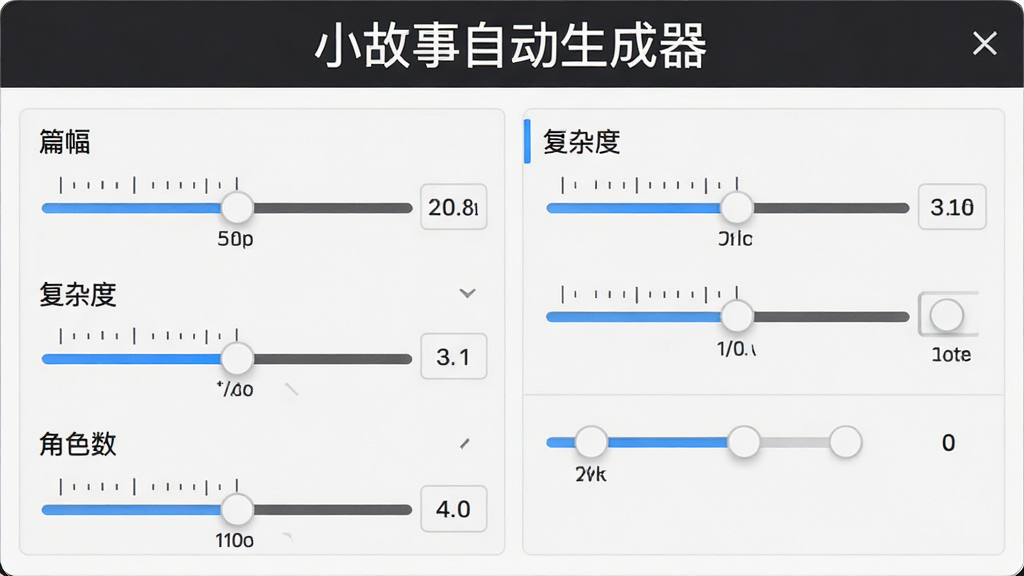 画面主体是一个软件设置面板,面板上有多个滑块和数值调节器,分别控制“篇幅”、“复杂度”、“角色数”,布局为左右分栏,排版整洁,风格为专业工具界面,细节展现滑块的刻度和数值变化,画质高清,无杂乱元素,画面标题为“小故事自动生成器”。