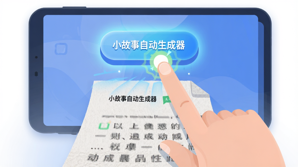 画面主体是一只手点击屏幕上的发光按钮,按钮下方瞬间弹出一篇写满文字的文档,布局为上下结构,排版动感,风格为扁平化设计,细节包含点击的光效和文档的纸张纹理,画质清晰,干净无多余装饰,画面中带有“小故事自动生成器”。