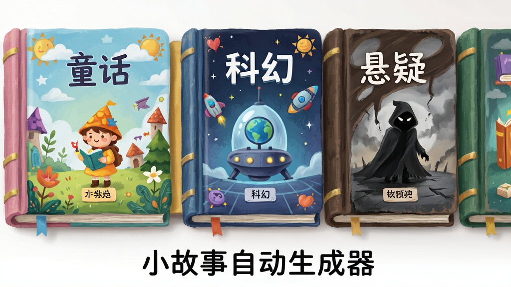 画面主体是一排整齐排列的彩色书籍封面,每本书代表一种故事风格,如“童话”、“科幻”、“悬疑”,布局为平铺展示,排版有序,风格为清新插画风,细节包含书本上的图标和标签,画质明亮干净,画面下方标注“小故事自动生成器”。