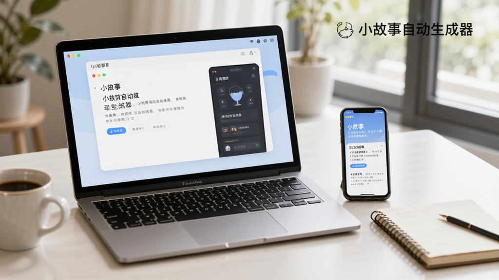 画面主体是一台笔记本电脑和一部智能手机并排放在桌面上,屏幕上都显示着小故事自动生成器的界面,布局为左右对比,排版清晰,风格为生活化场景摄影,细节包含桌面上的咖啡杯和笔记本,画质明亮,干净整洁,画面中带有“小故事自动生成器”字样。