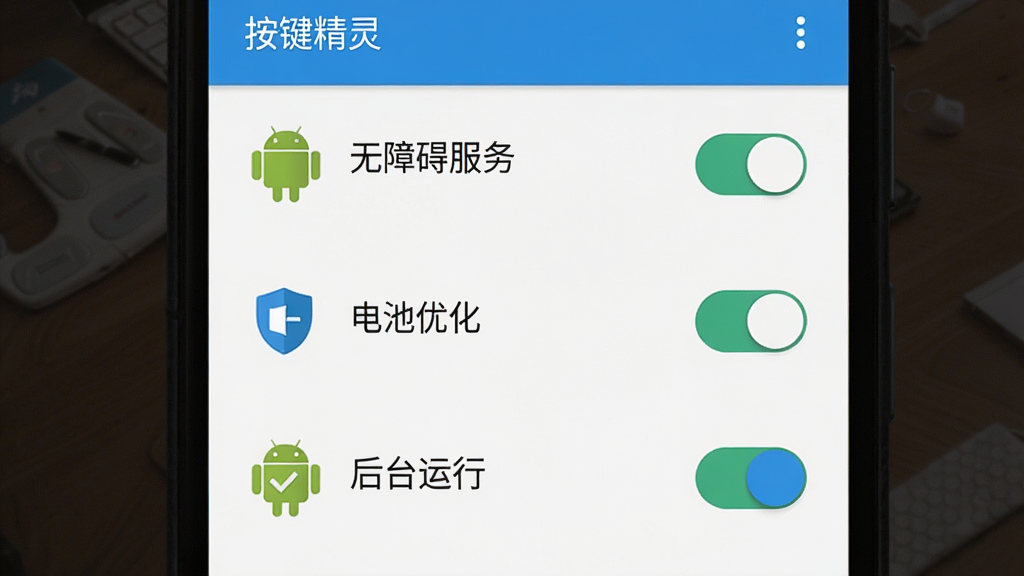 软件名称“按键精灵”,主体为手机端权限设置界面,布局为纵向列表,排版展示无障碍服务、电池优化、后台运行三个开关项,风格为移动端扁平化设计,细节包含安卓机器人图标、权限盾牌图标、开关状态,画质高清,干净,无多余元素