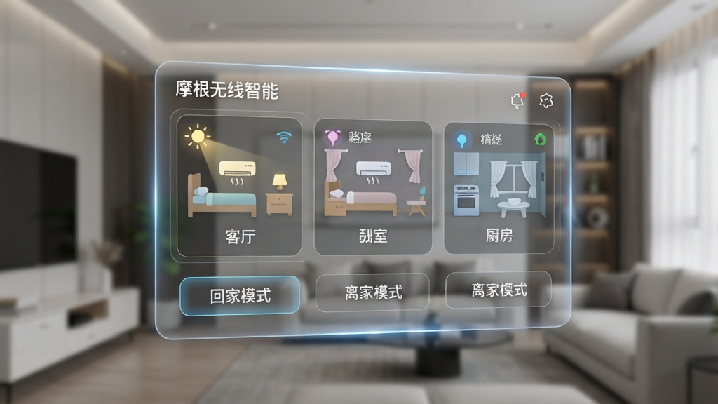 一张展示“摩根无线智能”全屋设备集中管控功能的图片,画面主体是一个悬浮在空中的半透明智能面板,面板上分区域显示客厅、卧室、厨房等房间的设备状态,每个区域有对应的灯光、空调、窗帘图标,面板下方有“回家模式”“离家模式”等场景按钮,布局采用分层式设计,背景为现代简约家居环境,风格为科技感UI展示,细节包括图标发光效果、面板边缘柔和光晕、背景虚化处理,画质高清,画面干净,无多余元素