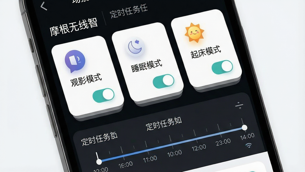 一张展示“摩根无线智能”场景自定义与定时任务功能的图片,画面主体是一个手机屏幕特写,屏幕上显示场景编辑界面,有“观影模式”“睡眠模式”“起床模式”等卡片式选项,每个卡片带有图标和开关状态,屏幕下方有定时任务的时间轴视图,布局采用上下结构,风格为简洁明快的移动端UI风格,细节包括卡片圆角、阴影效果、时间轴刻度清晰,画质高清,画面干净,无多余元素
