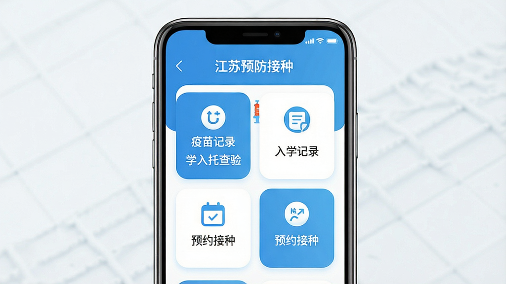 一幅手机应用界面展示图,主体是一部竖屏智能手机,屏幕中显示“江苏预防接种”APP首页界面,包含疫苗接种记录、入学入托查验、预约接种等图标模块,布局清晰整齐,风格为清新医疗蓝白配色,细节上界面有圆角卡片和简洁图标,画质高清,干净,无多余元素
