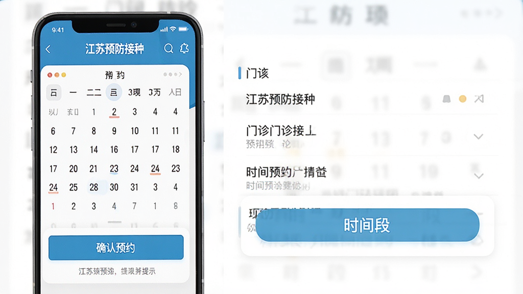 一幅手机应用界面示意图,主体为“江苏预防接种”预约接种页面,布局包含日历选择、门诊列表和时间段按钮,风格为现代扁平化医疗风,细节有确认预约按钮和提示文字,画质高清,干净,无多余元素