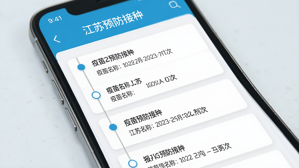 一张AI生成图,主体为手机屏幕展示“江苏预防接种”接种记录列表界面,布局为上下滑动的时间轴卡片,风格简洁医疗风,细节包括疫苗名称、日期、剂次等文字信息,画质高清,干净,无多余元素