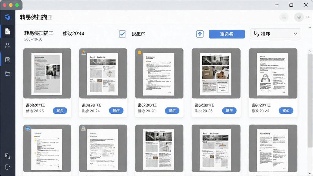 转易侠扫描王批量处理与文件管理界面图,主体为软件文件列表页面,布局中央展示多份已扫描文档的缩略图网格,排版采用卡片式排列,风格为现代办公风,细节包含文件名标签、修改日期、批量选择框、重命名按钮、排序下拉菜单,画质为高清、干净、无多余元素