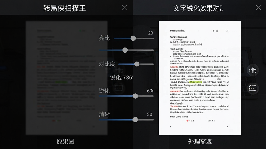 转易侠扫描王图像增强与文字锐化效果对比图,主体为左右分屏展示同一份文档的处理前后效果,布局左侧为昏暗模糊的原图,右侧为增强后的清晰锐利图像,排版采用对比式结构,风格为专业评测风,细节包含亮度调节滑杆、对比度数值、锐化程度指示条、清晰的文字边缘,画质为高清、干净、无多余元素