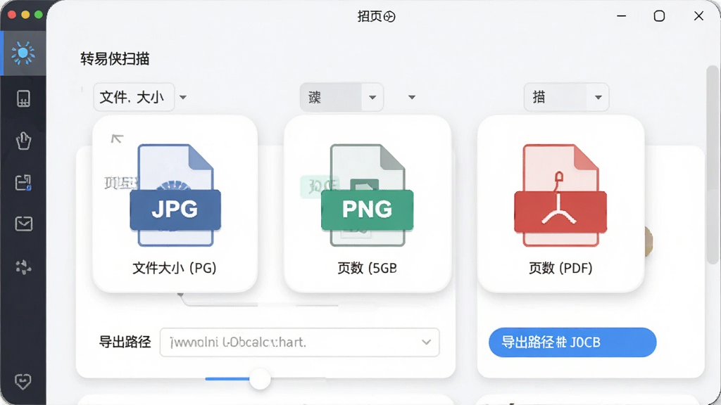 转易侠扫描王多格式导出与PDF转换功能展示图,主体为软件导出设置面板,布局中央排列JPG、PNG、PDF三种格式图标,排版采用横向并列结构,风格为清爽扁平化设计,细节包含文件大小提示、页数选择滑块、导出路径输入框、柔和的阴影与圆角,画质为高清、干净、无多余元素