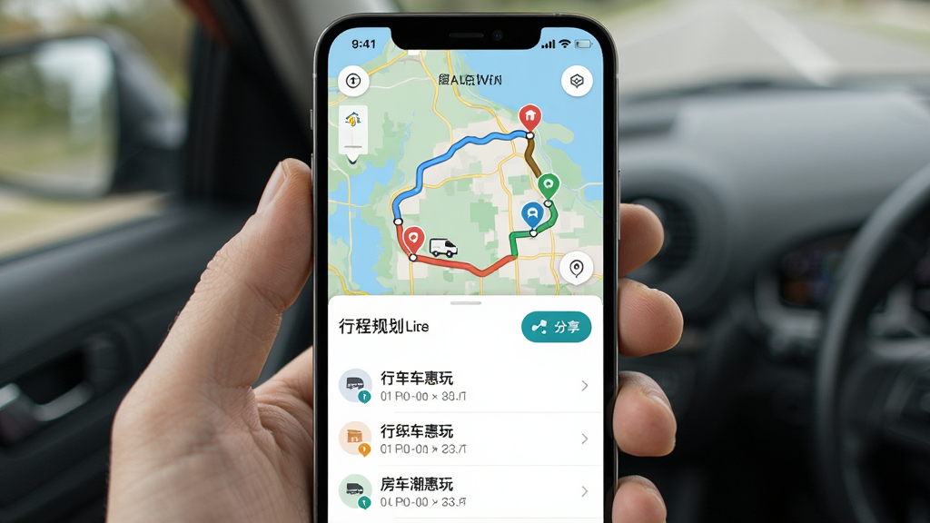 房车潮惠玩应用内路线规划页面展示图,主体为手机屏幕显示地图路线与行程节点,布局为地图上方加行程列表下方,风格为现代出行应用风格,细节包括彩色路线轨迹、节点图标、时间预估、分享按钮,画质高清,干净整洁,无多余元素