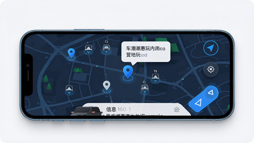 房车潮惠玩应用内营地地图页面展示图,主体为手机屏幕显示地图与营地标记点,布局为全屏地图加底部信息卡片,风格为科技感地图风格,细节包括蓝色定位图标、营地气泡弹窗、导航按钮、距离显示,画质高清,干净整洁,无多余元素