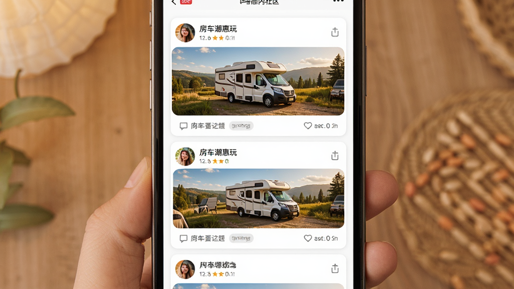 房车潮惠玩应用内社区页面展示图,主体为手机屏幕显示用户动态瀑布流,布局为单列卡片式排列,风格为温暖社交风格,细节包括用户头像、房车旅行照片、点赞评论图标、话题标签,画质高清,干净整洁,无多余元素