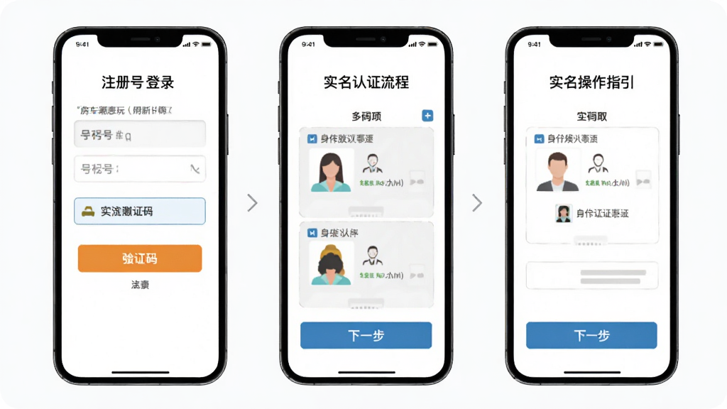 房车潮惠玩应用新手操作指引图,主体为手机屏幕显示注册登录与实名认证流程,布局为分步骤图示排列,风格为扁平化教程风格,细节包括手机号输入框、验证码按钮、身份证上传区域、下一步按钮,画质高清,干净整洁,无多余元素