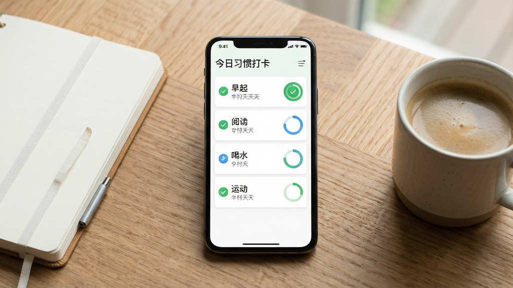 一张展示手机习惯打卡应用主界面的场景图,画面中央是一部竖屏智能手机,屏幕中显示今日习惯应用的习惯列表页面,包含早起、阅读、喝水、运动等打卡项与连续天数标记,手机放置在木纹桌面上,旁边有笔记本和一杯咖啡,布局采用居中构图,风格为清新简约的现代数码产品展示风,细节包括柔和的自然光、干净的UI界面、勾选按钮与进度环,画质高清,干净,无多余元素
