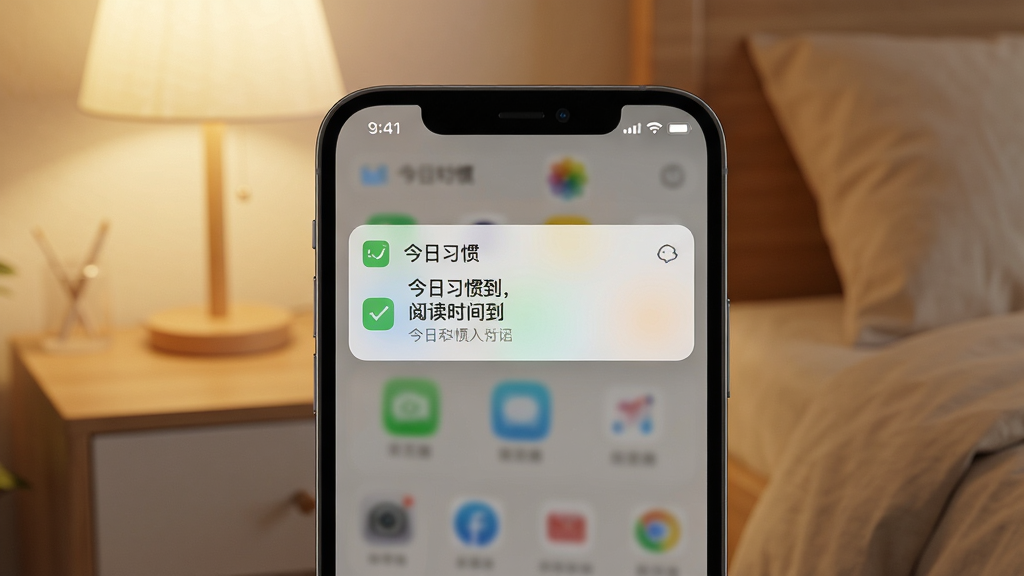 一张展示手机通知提醒功能的界面图,画面中一部手机屏幕弹出今日习惯的打卡提醒通知,通知内容显示阅读时间到,背景是温馨的卧室床头柜场景,布局为手机居中特写,风格为写实数码产品摄影风,细节包括通知卡片、时间显示、柔和灯光与简洁图标,画质高清,干净,无多余元素