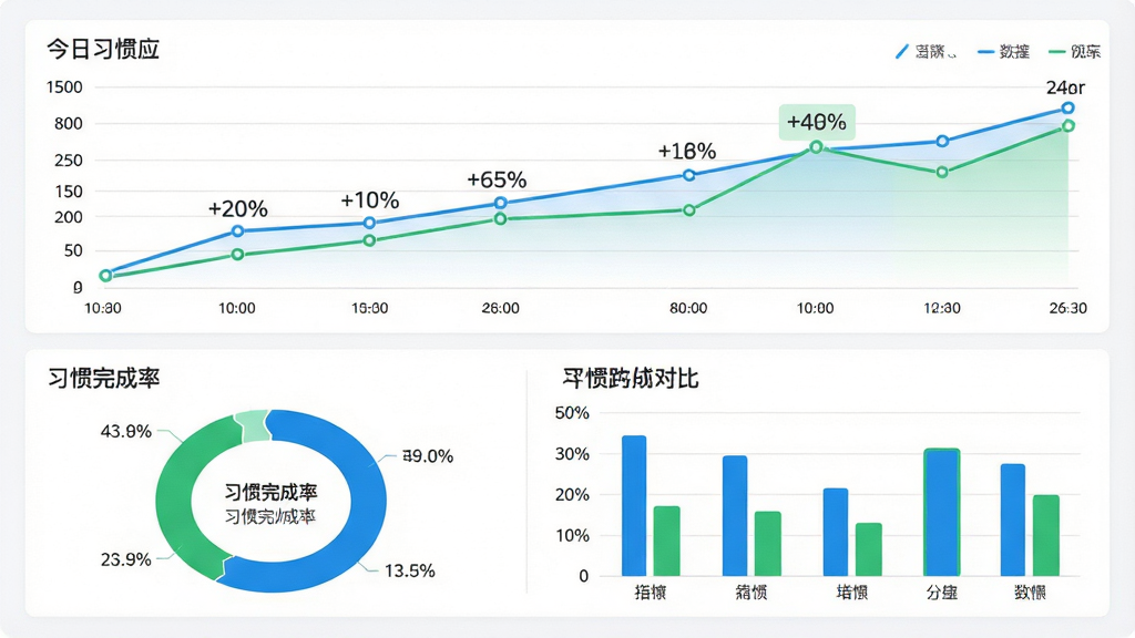 一幅数据统计看板风格的图片,画面主体是今日习惯应用的统计页面,布局采用上下分区结构,上方是折线趋势图,下方是习惯完成率环形图与柱状对比图,风格为现代简约数据可视化风,细节包括清晰的坐标轴、百分比数字、蓝绿配色图表与干净背景,画质高清,干净,无多余元素