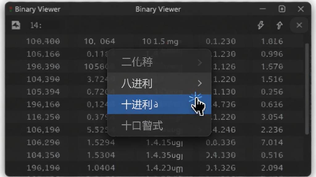 Binary Viewer���������ж�����л�������ʾ������Ϊ��Ļ���뵯���Ľ���ѡ�������˵�������Ϊ�˵�������ʮ�����������Ϸ����Ű�ͻ�������ư˽���ʮ����ʮ�������ĸ�ѡ����Ϊ�ִ���ɫUI��ƣ�ϸ�ڰ������ָ����ͣ��ʮ������ѡ���ϡ��������������͸���ɼ����˵�����и���ѡ��Ч�������������ɾ��޶���Ԫ��