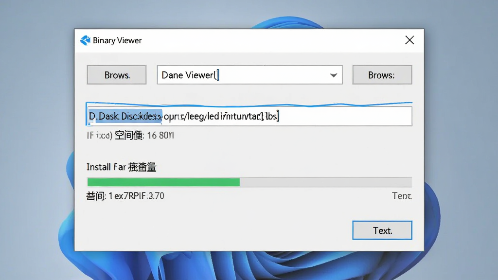 Binary Viewer������Windows 11ϵͳ�ϵİ�װ�򵼽��棬����Ϊ��װ·��ѡ��Ի��򣬲���Ϊ���е���ʽ��װ���򴰿ڣ��Ű�չʾ�����ť�Ͱ�װ�����������Ϊ����׼��Windows��װ���棬ϸ�ڰ���·���������ʾD��Ŀ¼�����̿ռ���ʾ����һ����ť���������������ɾ��޶���Ԫ��