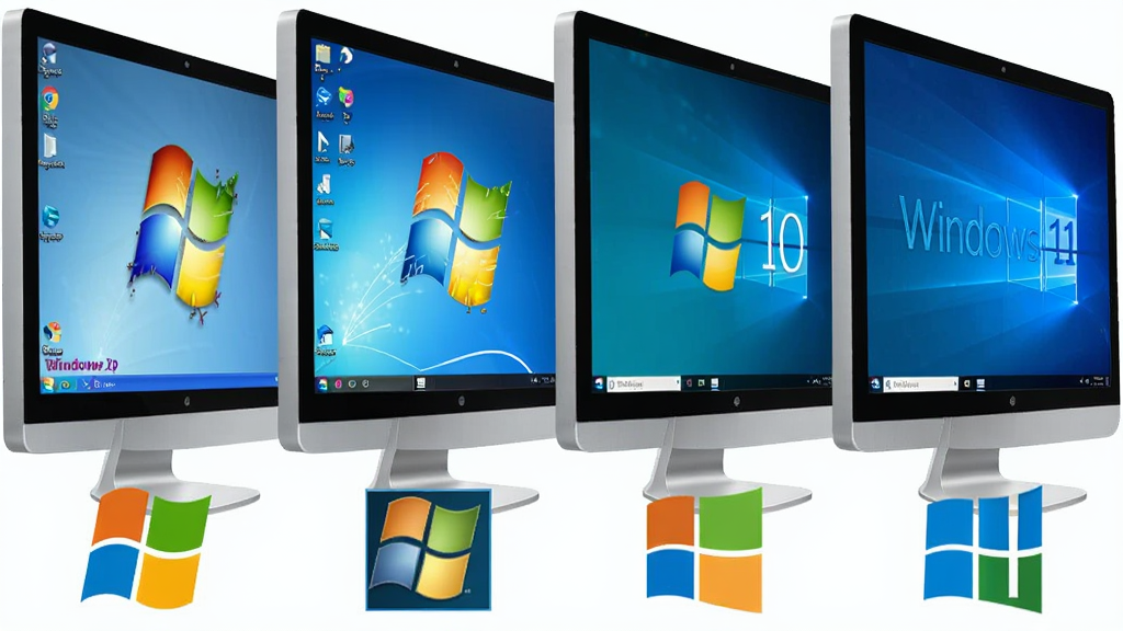 һ��չʾ��������������ϵͳ���ݵ�ͼƬ���������ĸ����ŵĵ�����Ļ���ֱ���ʾWindows XP��Windows 7��Windows 10��Windows 11�������ֽ��ÿ����Ļ�·���һ����Ӧ��ϵͳLogo�����Ϊ���Ƽ��磬ϸ�ڰ�����Ļ�߿�ϵͳͼ�ꡢ���汳���������������ɾ����޶���Ԫ��