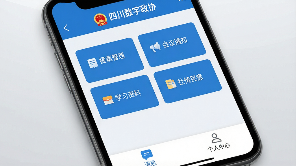 手机屏幕中展示“四川数字政协”应用主界面,顶部为蓝色政务风格导航栏,中部排列提案管理、会议通知、学习资料、社情民意四个功能卡片,底部为消息与个人中心入口,背景为简洁的浅灰色渐变,画面干净整洁,UI设计风格为扁平化政务蓝白配色,细节清晰,画质高清,无多余元素